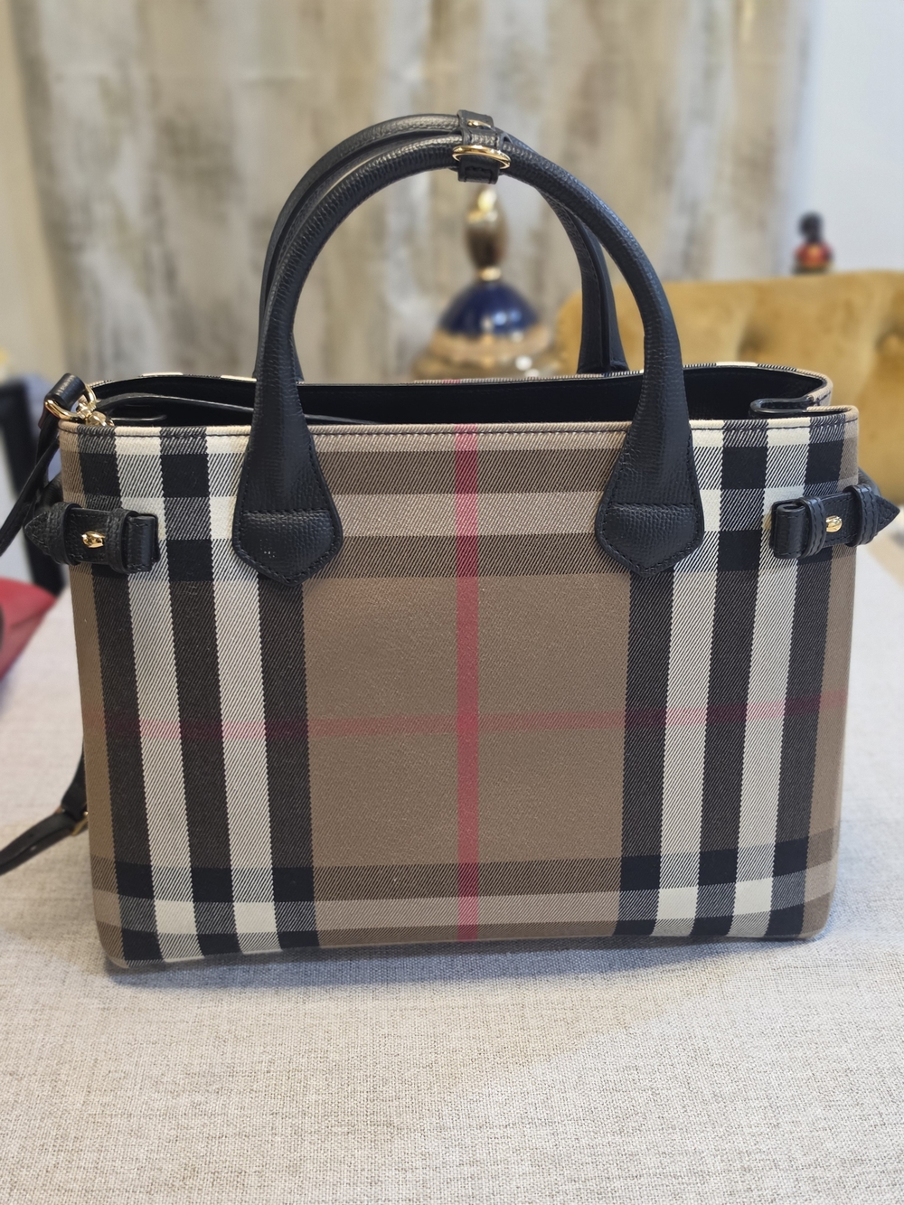 Burberry Tan Plaid Satchel with Black Trim and Pink Stripe